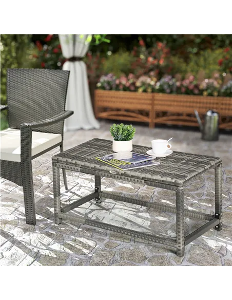 Outsunny Outdoor Coffee Table, Garden PE Rattan Side Table with Plastic Board Under the Full Woven Table Top and Rectangular Fra