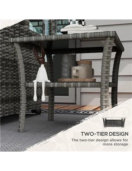 Outsunny Two-tier PE Rattan Square Coffee Table - Grey