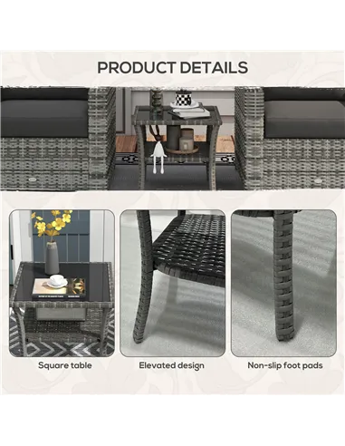 Outsunny Two-tier PE Rattan Square Coffee Table - Grey