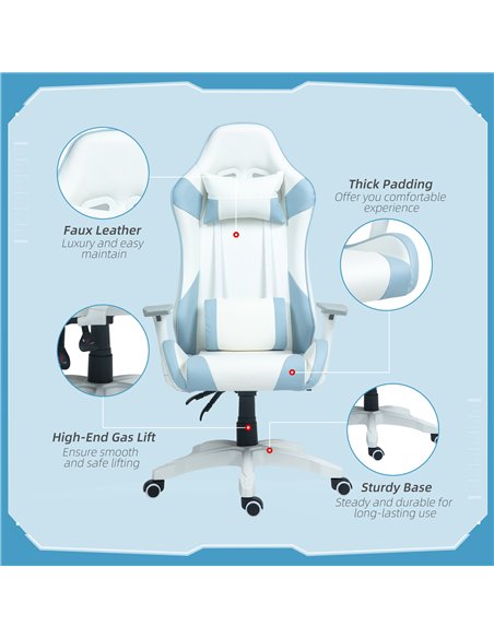 HOMCOM Faux Leather Colour Block Gaming Chair, with 135° Reclining Back - Blue/White