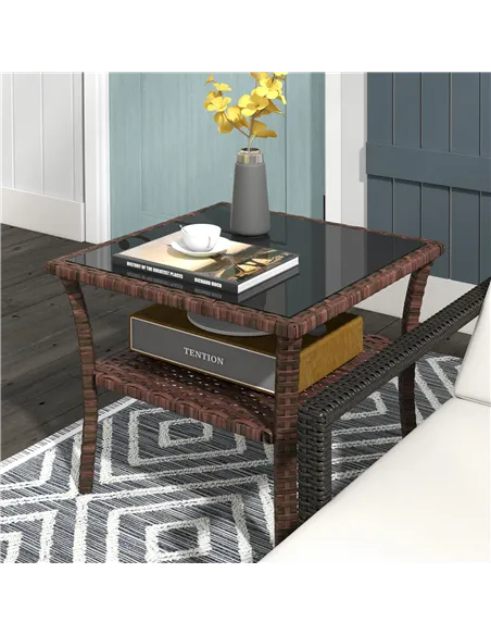 Outsunny Two-tier PE Rattan Square Coffee Table - Brown