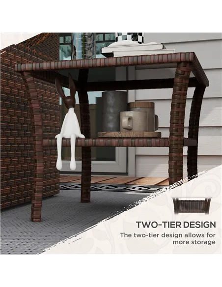 Outsunny Two-tier PE Rattan Square Coffee Table - Brown