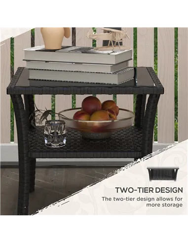 Outsunny Two-tier PE Rattan Square Coffee Table - Black