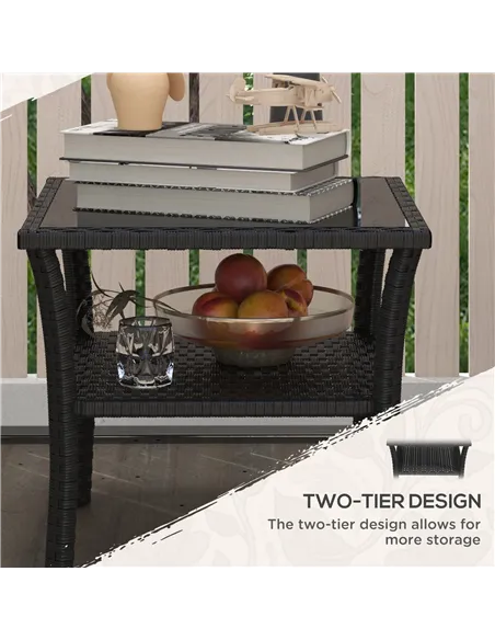 Outsunny Two-tier PE Rattan Square Coffee Table - Black
