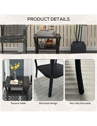 Outsunny Two-tier PE Rattan Square Coffee Table - Black