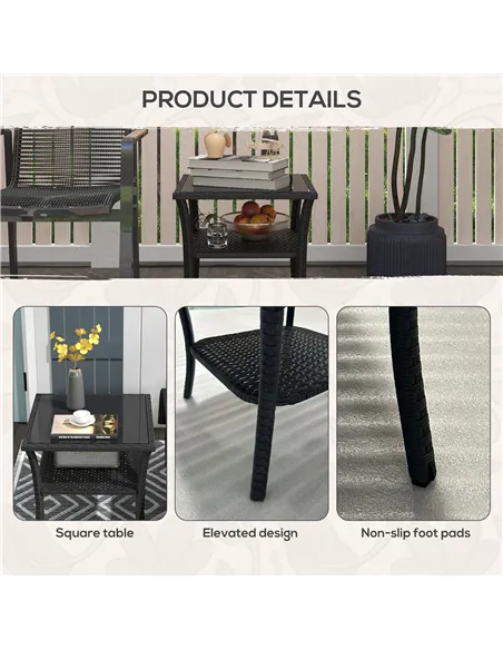 Outsunny Two-tier PE Rattan Square Coffee Table - Black