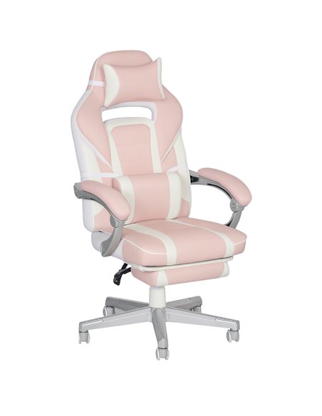 HOMCOM Faux Leather Reclining Gaming Chair, with Footrest - Pink/White