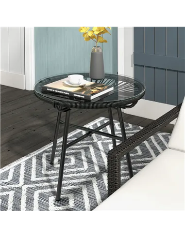 Outsunny Rattan Side Table, Round Outdoor Coffee Table, with Round PE Rattan and Tempered Glass Tabletop for Patio, Garden, Balc