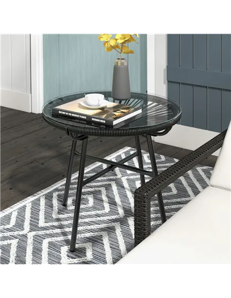 Outsunny Rattan Side Table, Round Outdoor Coffee Table, with Round PE Rattan and Tempered Glass Tabletop for Patio, Garden, Balc