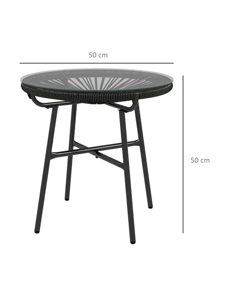 Outsunny Rattan Side Table, Round Outdoor Coffee Table, with Round PE Rattan and Tempered Glass Tabletop for Patio, Garden, Balc
