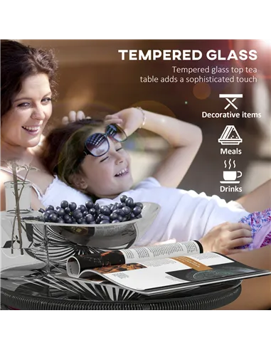 Outsunny Rattan Side Table, Round Outdoor Coffee Table, with Round PE Rattan and Tempered Glass Tabletop for Patio, Garden, Balc