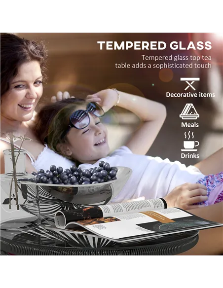 Outsunny Rattan Side Table, Round Outdoor Coffee Table, with Round PE Rattan and Tempered Glass Tabletop for Patio, Garden, Balc