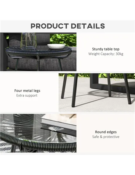Outsunny Rattan Side Table, Round Outdoor Coffee Table, with Round PE Rattan and Tempered Glass Tabletop for Patio, Garden, Balc