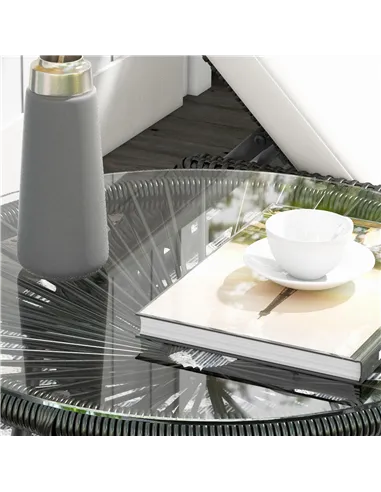 Outsunny Rattan Side Table, Round Outdoor Coffee Table, with Round PE Rattan and Tempered Glass Tabletop for Patio, Garden, Balc