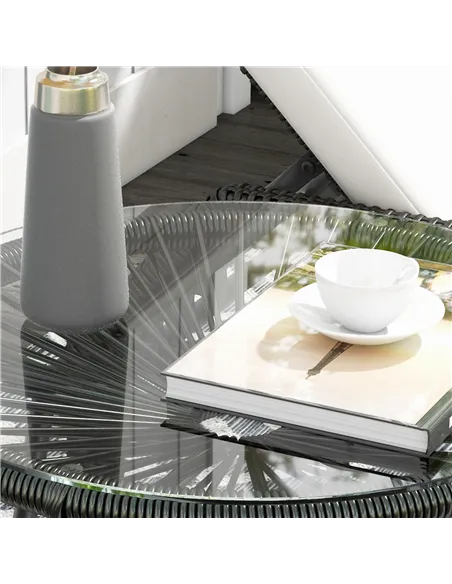 Outsunny Rattan Side Table, Round Outdoor Coffee Table, with Round PE Rattan and Tempered Glass Tabletop for Patio, Garden, Balc