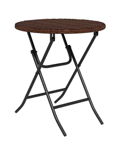 Outsunny Foldable PE Rattan Outdoor Coffee Table, Metal Frame Wicker Round Side Table, Coffee Table Side Table for Lawn, Garden,