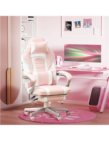 HOMCOM Faux Leather Reclining Gaming Chair, with Footrest - Pink/White