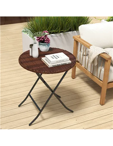 Outsunny Foldable PE Rattan Outdoor Coffee Table, Metal Frame Wicker Round Side Table, Coffee Table Side Table for Lawn, Garden,