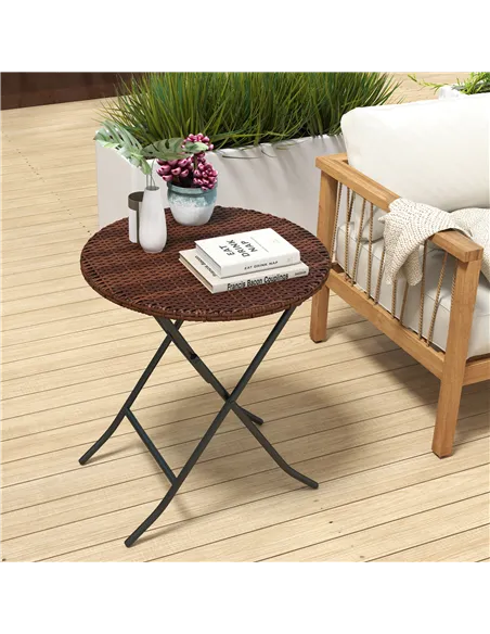 Outsunny Foldable PE Rattan Outdoor Coffee Table, Metal Frame Wicker Round Side Table, Coffee Table Side Table for Lawn, Garden,