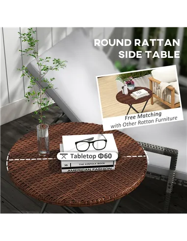 Outsunny Foldable PE Rattan Outdoor Coffee Table, Metal Frame Wicker Round Side Table, Coffee Table Side Table for Lawn, Garden,