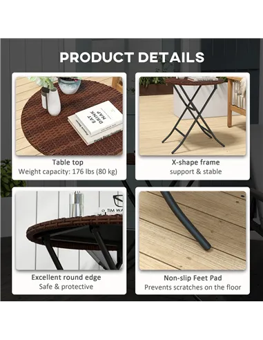 Outsunny Foldable PE Rattan Outdoor Coffee Table, Metal Frame Wicker Round Side Table, Coffee Table Side Table for Lawn, Garden,