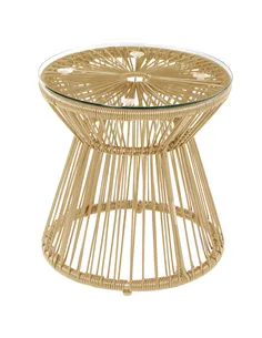 Outsunny Round End Table, Rattan Side Table, Hollow Drum Design Coffee Table w/ Glass Tabletop for Patio, Garden, Balcony Natura