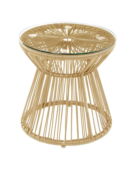Outsunny Round End Table, Rattan Side Table, Hollow Drum Design Coffee Table w/ Glass Tabletop for Patio, Garden, Balcony Natura