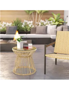 Outsunny Round End Table, Rattan Side Table, Hollow Drum Design Coffee Table w/ Glass Tabletop for Patio, Garden, Balcony Natura 2