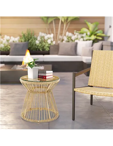 Outsunny Round End Table, Rattan Side Table, Hollow Drum Design Coffee Table w/ Glass Tabletop for Patio, Garden, Balcony Natura