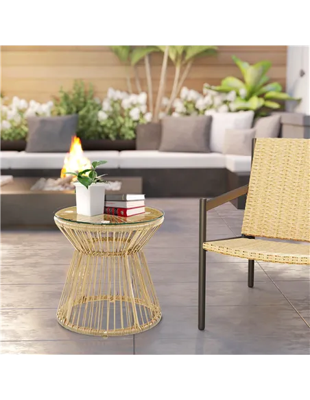 Outsunny Round End Table, Rattan Side Table, Hollow Drum Design Coffee Table w/ Glass Tabletop for Patio, Garden, Balcony Natura