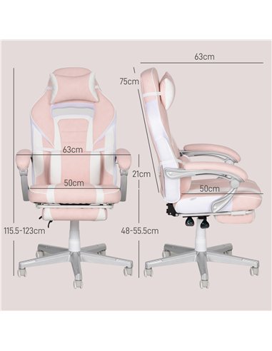HOMCOM Faux Leather Reclining Gaming Chair, with Footrest - Pink/White