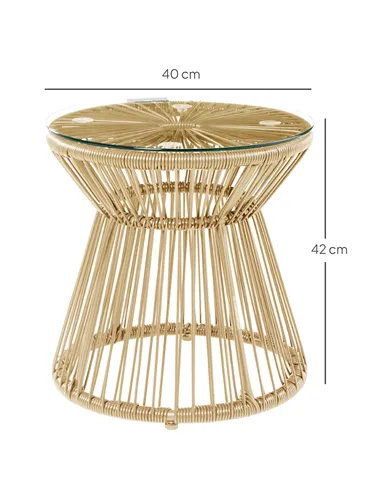 Outsunny Round End Table, Rattan Side Table, Hollow Drum Design Coffee Table w/ Glass Tabletop for Patio, Garden, Balcony Natura