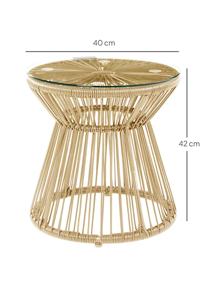 Outsunny Round End Table, Rattan Side Table, Hollow Drum Design Coffee Table w/ Glass Tabletop for Patio, Garden, Balcony Natura