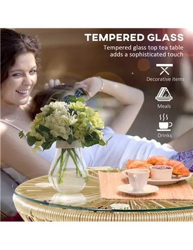 Outsunny Round End Table, Rattan Side Table, Hollow Drum Design Coffee Table w/ Glass Tabletop for Patio, Garden, Balcony Natura