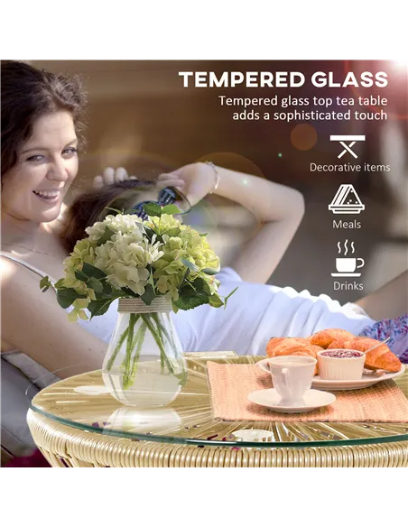 Outsunny Round End Table, Rattan Side Table, Hollow Drum Design Coffee Table w/ Glass Tabletop for Patio, Garden, Balcony Natura