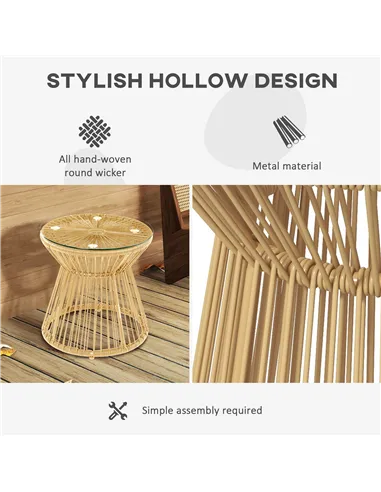 Outsunny Round End Table, Rattan Side Table, Hollow Drum Design Coffee Table w/ Glass Tabletop for Patio, Garden, Balcony Natura