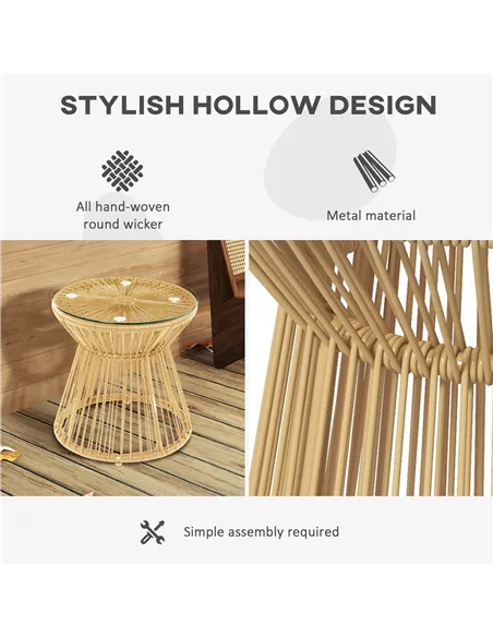 Outsunny Round End Table, Rattan Side Table, Hollow Drum Design Coffee Table w/ Glass Tabletop for Patio, Garden, Balcony Natura