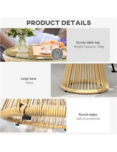 Outsunny Round End Table, Rattan Side Table, Hollow Drum Design Coffee Table w/ Glass Tabletop for Patio, Garden, Balcony Natura