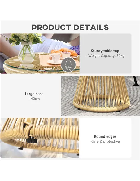 Outsunny Round End Table, Rattan Side Table, Hollow Drum Design Coffee Table w/ Glass Tabletop for Patio, Garden, Balcony Natura