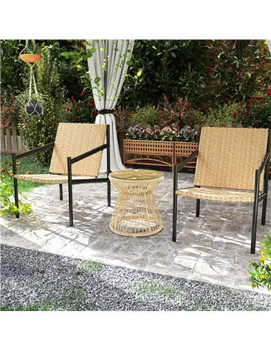 Outsunny Round End Table, Rattan Side Table, Hollow Drum Design Coffee Table w/ Glass Tabletop for Patio, Garden, Balcony Natura