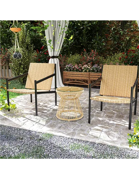 Outsunny Round End Table, Rattan Side Table, Hollow Drum Design Coffee Table w/ Glass Tabletop for Patio, Garden, Balcony Natura