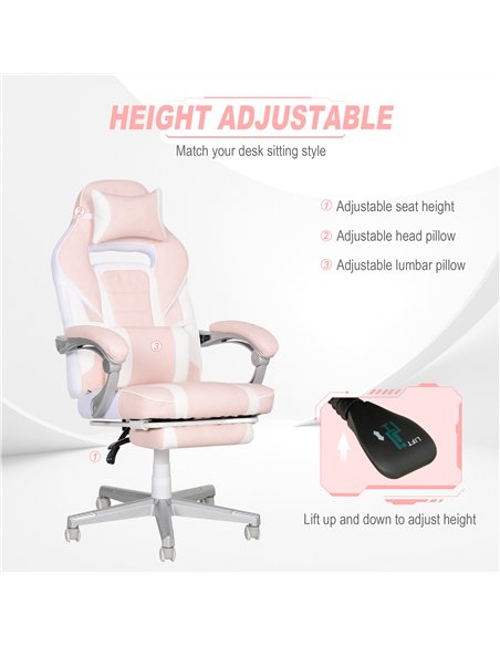HOMCOM Faux Leather Reclining Gaming Chair, with Footrest - Pink/White