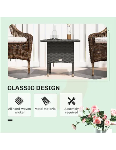 Outsunny Rattan Side Table, Outdoor Coffee Table with Plastic Board Under the Full Woven Table Top for Patio, Garden, Balcony, G