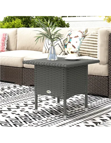 Outsunny Rattan Side Table, Outdoor Coffee Table with Plastic Board Under the Full Woven Table Top for Patio, Garden, Balcony, G