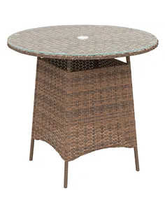 Outsunny Wicker Garden Rattan Table, Patio Furniture Outdoor Coffee Table with Umbrella Hole and Tempered Glass Top, Brown