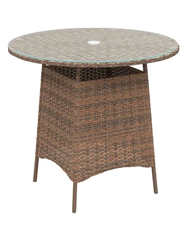 Outsunny Wicker Garden Rattan Table, Patio Furniture Outdoor Coffee Table with Umbrella Hole and Tempered Glass Top, Brown