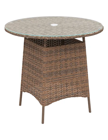 Outsunny Wicker Garden Rattan Table, Patio Furniture Outdoor Coffee Table with Umbrella Hole and Tempered Glass Top, Brown