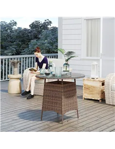 Outsunny Wicker Garden Rattan Table, Patio Furniture Outdoor Coffee Table with Umbrella Hole and Tempered Glass Top, Brown 2
