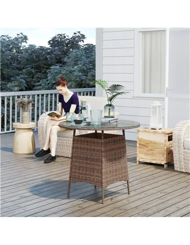 Outsunny Wicker Garden Rattan Table, Patio Furniture Outdoor Coffee Table with Umbrella Hole and Tempered Glass Top, Brown