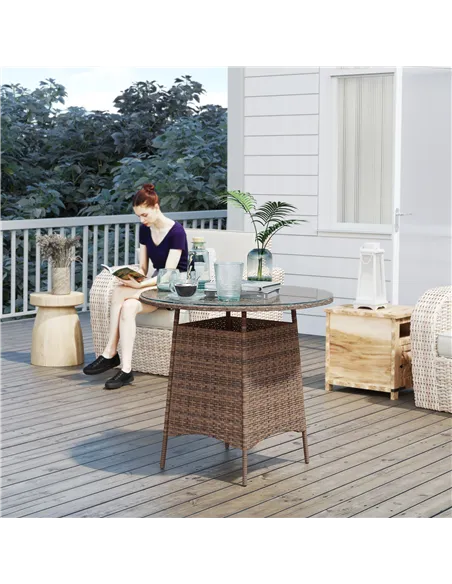 Outsunny Wicker Garden Rattan Table, Patio Furniture Outdoor Coffee Table with Umbrella Hole and Tempered Glass Top, Brown